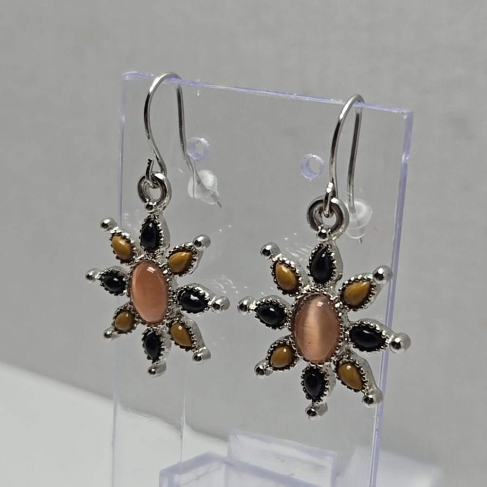 Vintage CHAPS Silvertone Flower Dangle Pierced Earrings Black Taupe Brown Stone - Picture 2 of 8
